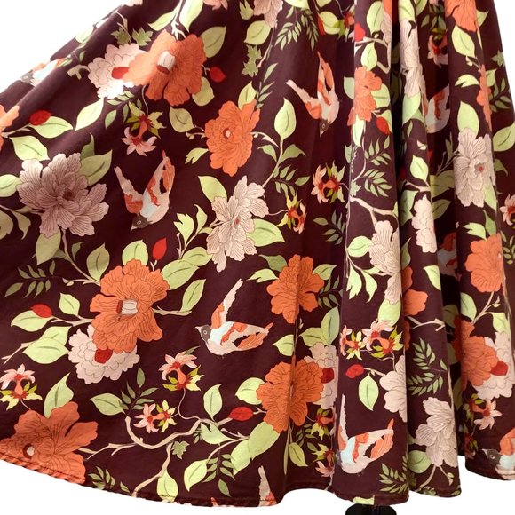 Folter Womens Brown Pink Floral Bird Crossover Bust Flare Skirt Retro Dress L - Picture 7 of 10